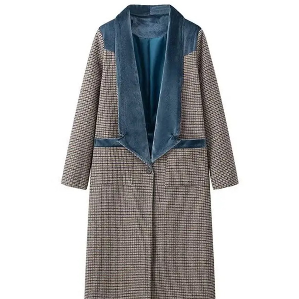 Stylish Long Plaid Coat with Blue Accents